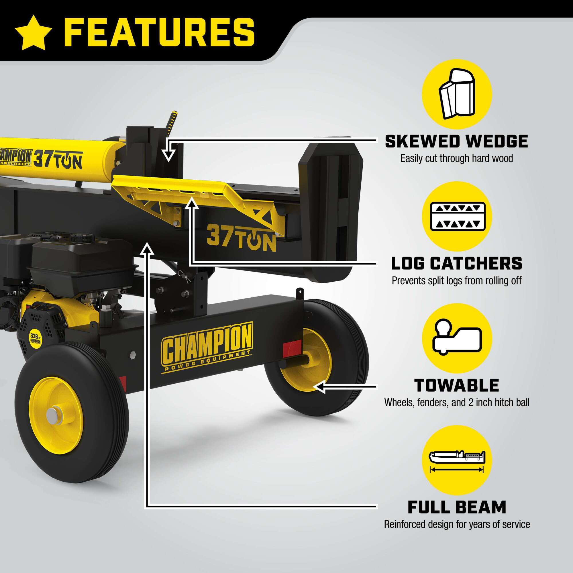 Champion Power Equipment, Champion Horizontal-/Vertikal-Holzspalter, 37 Tonnen, Spaltkraft 37 Tonnen, max. Stammdurchmesser 24 Zoll, max. Stammlänge 24 Zoll, Modell 201314 (Art.-Nr. 6096728)
