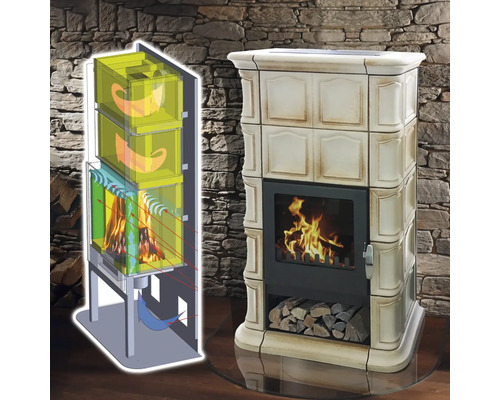 Kaminofen Kachelofen DOMOFIRE Wels Keramik cremebraun 8 kW mit Wärmespeicher mit Holzfach