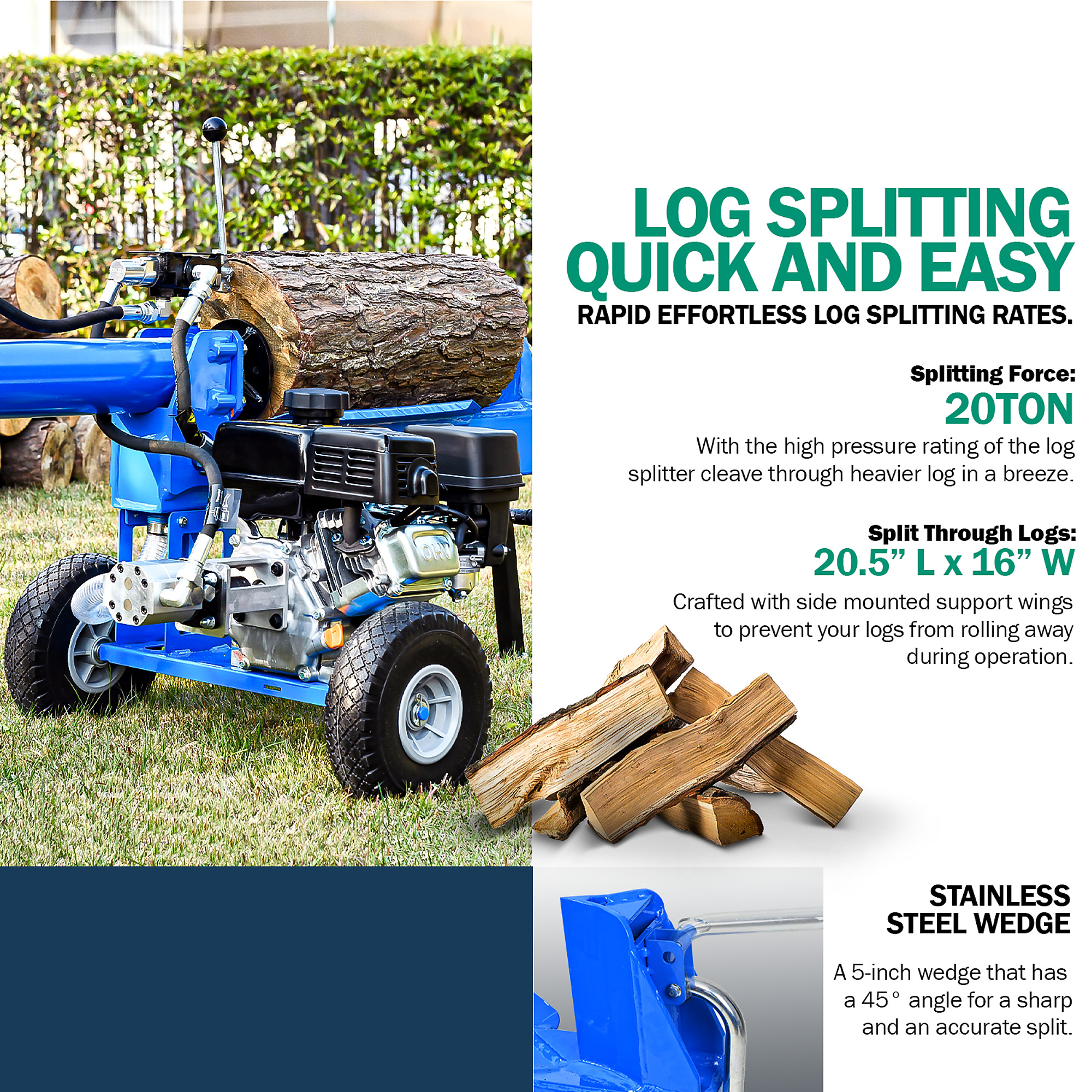 Landworks tragbarer Holzspalter — 20 Tonnen, 7 PS, schneller automatischer Rücklauf, 20 Zoll Länge, 16 Zoll Durchmesser, Modell TRI-GUO079 (Art.-Nr. 6691050)
